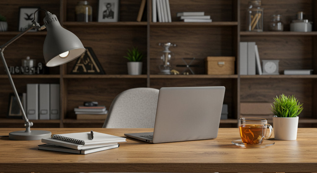 Refined diffuser oils arranged to reflect workspace clarity, including citrus for energy, herbal blends for focus, and warm woods for grounding creativity.