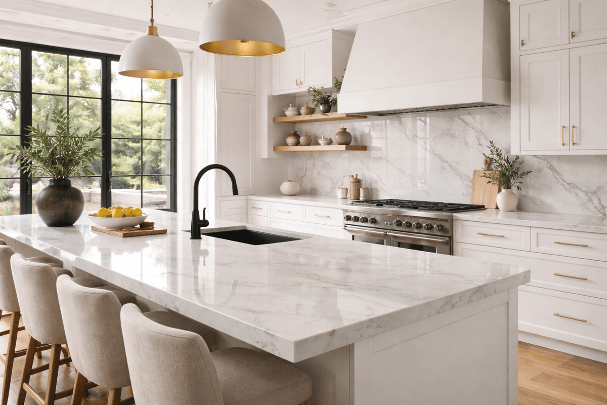 Modern marble kitchen island with olive branches and fresh lemons, styled with Aroma Country best selling diffuser oils