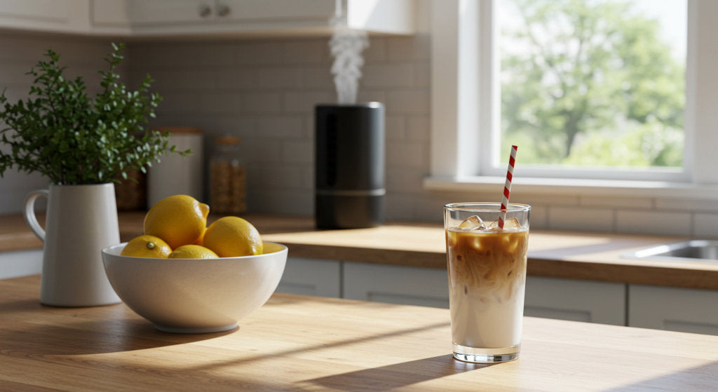 A sunlit kitchen counter with lemons, iced coffee and a cold air diffuser