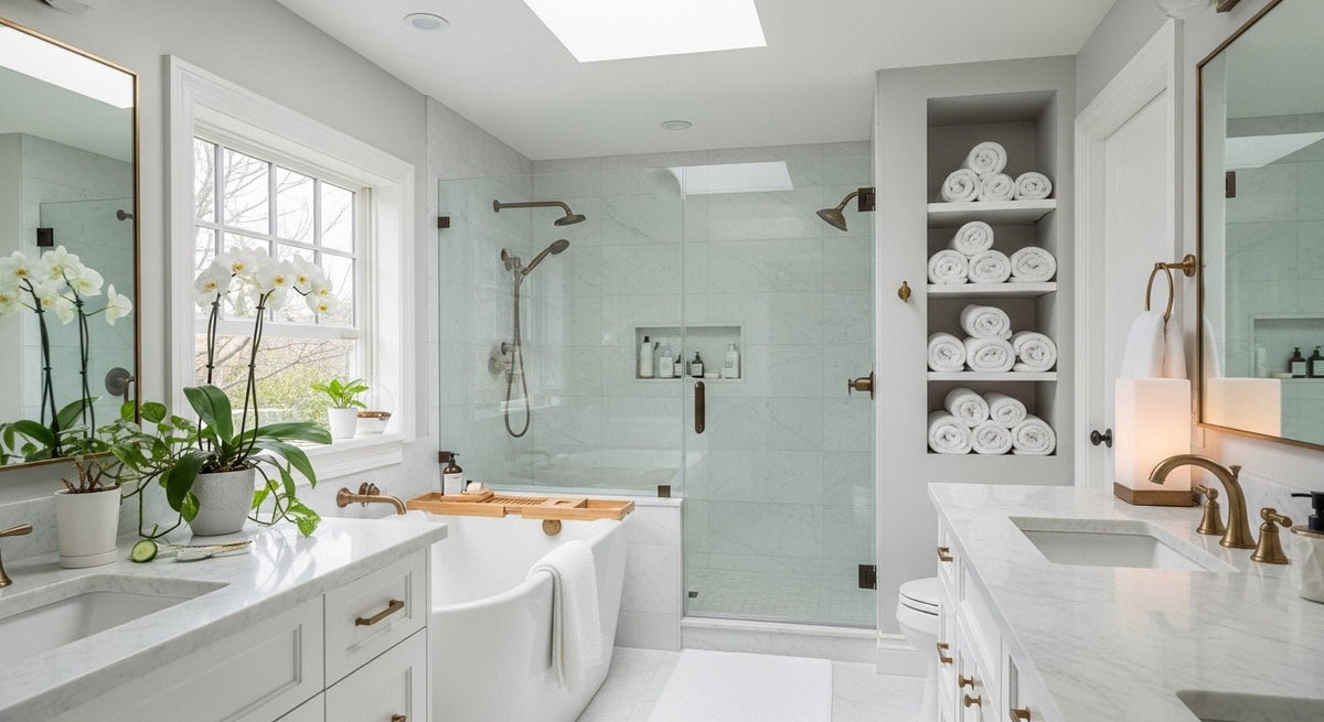 A bright marble spa bathroom with a freestanding tub, orchids and rolled white towels