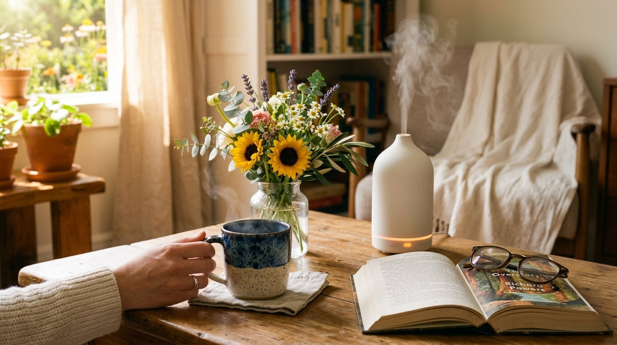 A bright morning table with fresh flowers, coffee and a diffuser
