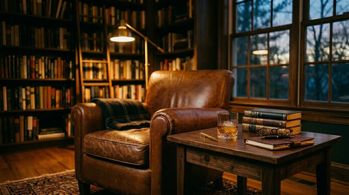 A warm leather and walnut study at dusk