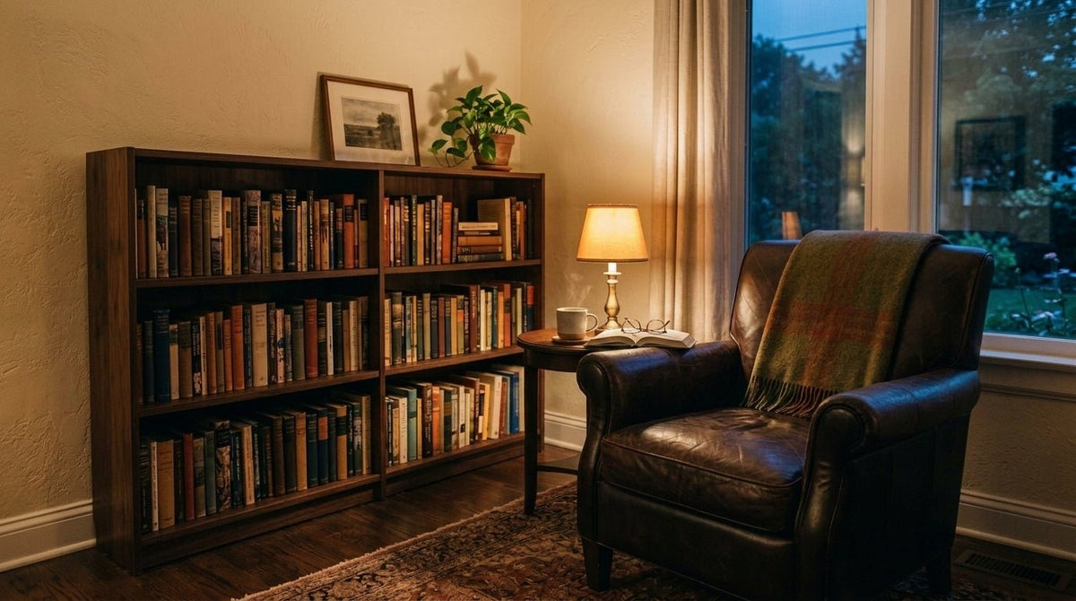 A warm study with a leather armchair and lamp glow