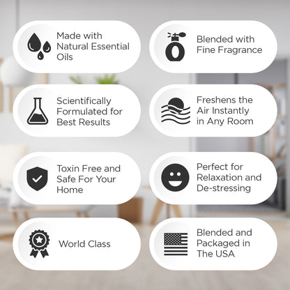 Benefits listed: made with natural essential oils, scientifiically formulated for best results, toxin free and safe for your home, world class, blended with fine fragrance, freshens the air instantly in any room, perfect for relaxation and de-stressing, blended and packaged in the USA. 