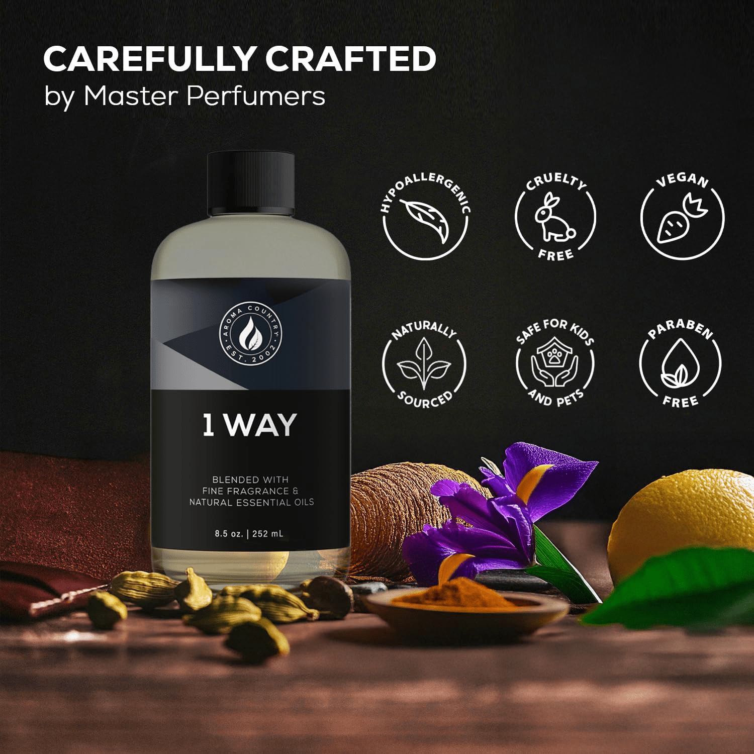 1 Way premium scent oil crafted fragrance blend featuring citrus cardamom suede sandalwood cedar amber and iris for a rich layered aroma