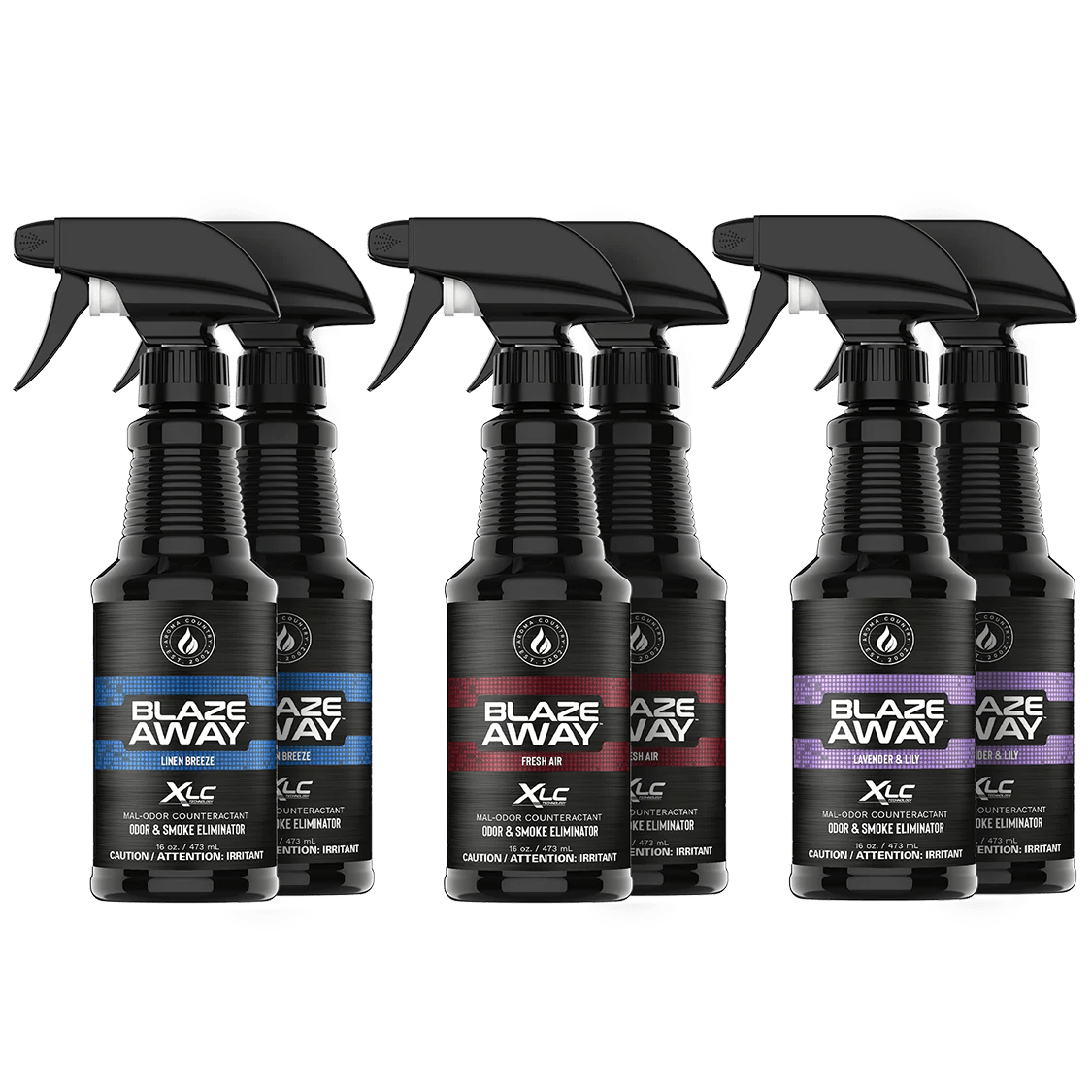 Blaze Away assorted six pack 16 oz smoke odor neutralizer, includes 2 each of Fresh Air, Linen Breeze, and Lavender Lily sprays for balanced odor elimination and refreshing indoor air