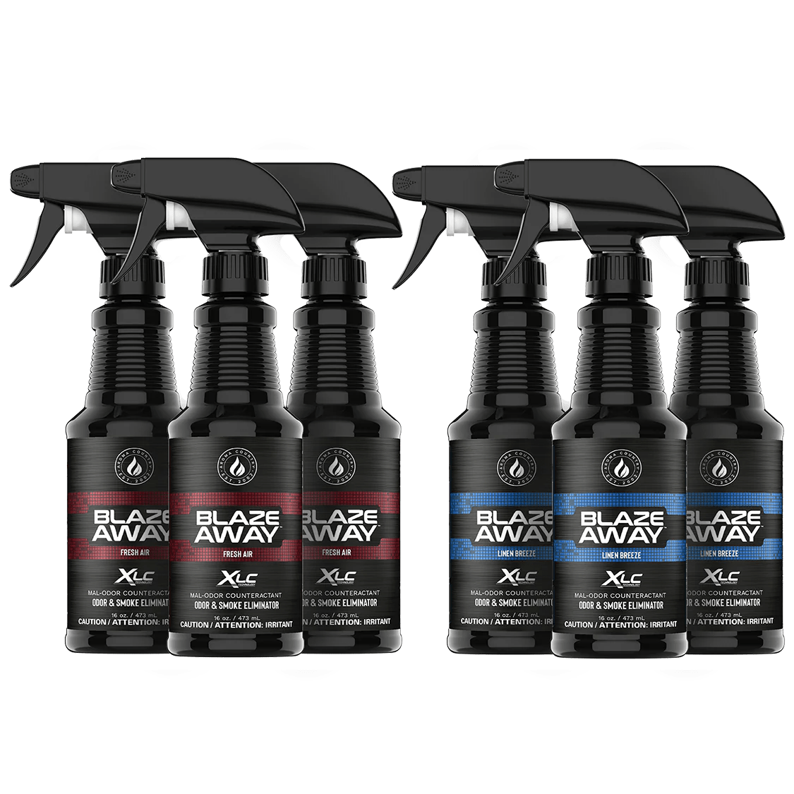 Blaze Away mixed six pack 16 oz smoke odor neutralizer, includes 3 Fresh Air and 3 Linen Breeze sprays for effective odor removal with fresh and airy scent options