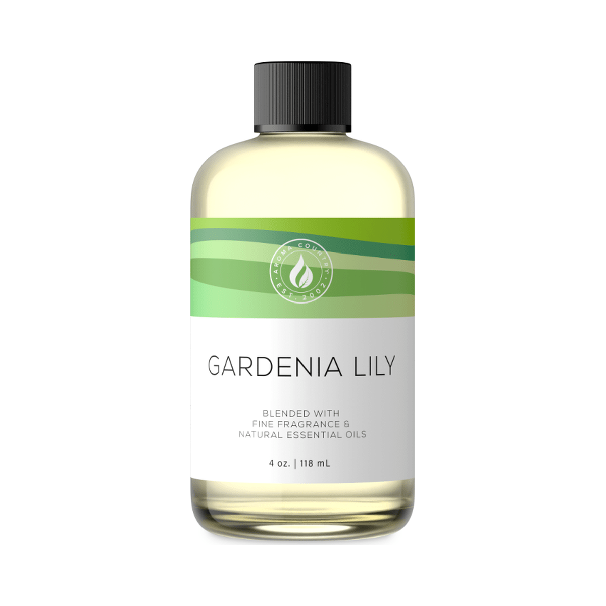 Aroma Country Gardenia Lily diffuser oil, 4 oz bottle. Soft gardenia and green stem.