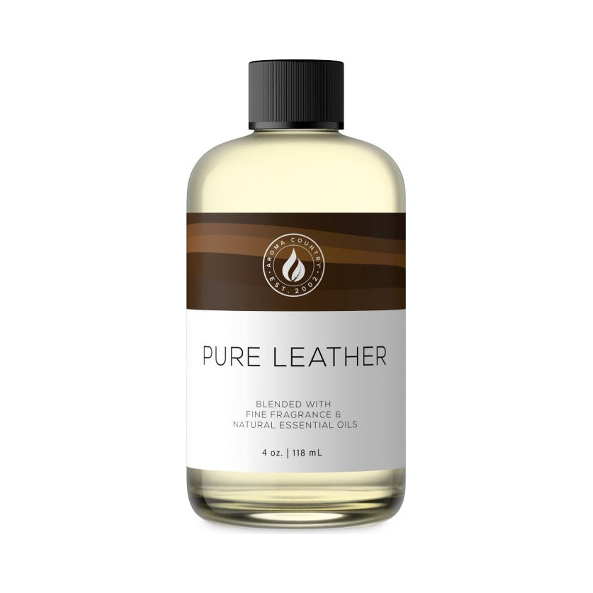 Aroma Country Pure Leather diffuser oil, 4 oz bottle. Worn leather and dry wood.