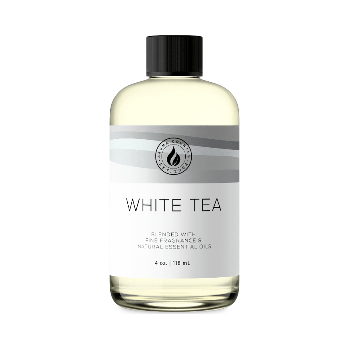 Aroma Country White Tea diffuser oil, 4 oz bottle. Clean tea leaf and soft citrus.