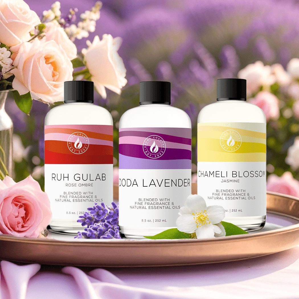 Rose, lavender, and jasmine fragrance oils styled with soft florals for a refined bouquet experience.