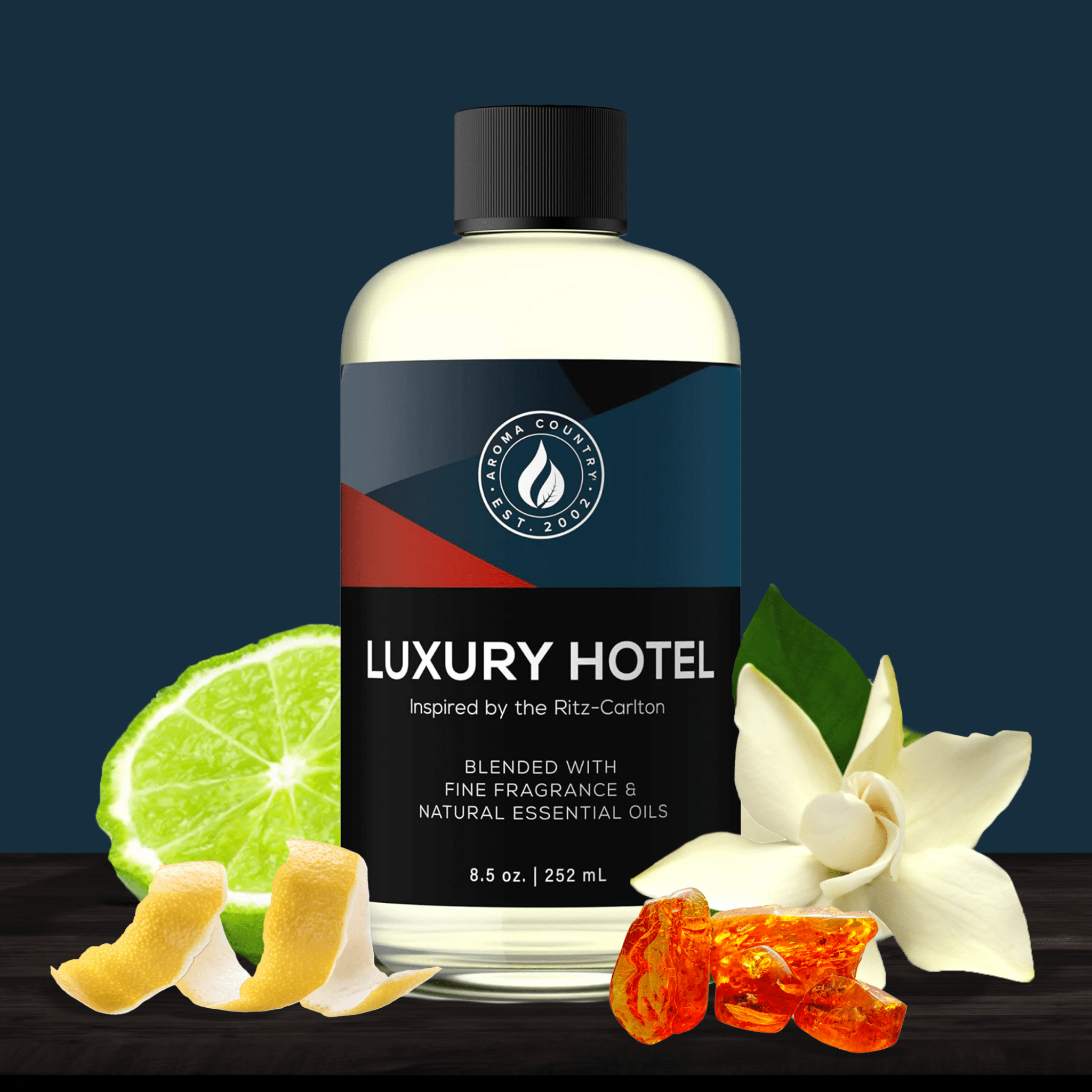 Luxury Hotel scent diffuser oil with key fragrance notes of lime, lemon peel, gardenia, and amber, inspired by the Ritz-Carlton.