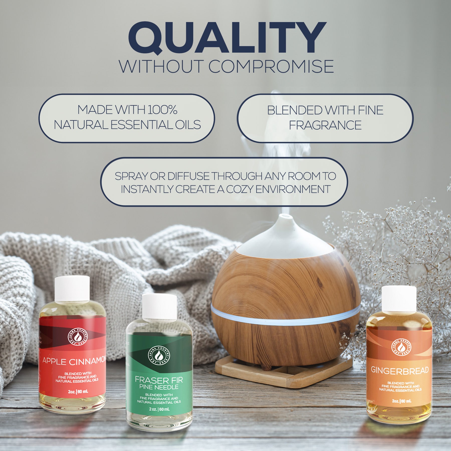 Trio of winter essential oil blends with a wooden diffuser, evoking cozy seasonal ambiance.