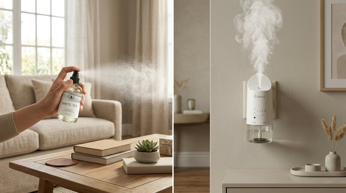 Aroma Country diffuser oil used two ways, as a fine mist room spray with the included sprayer and as a cold air scent diffuser, offering versatile whole-home fragrance from a single bottle