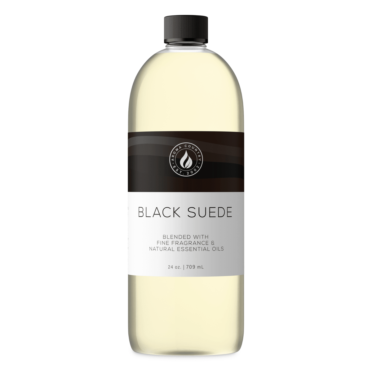 Aroma Country Black Suede diffuser oil, 24 oz (709 mL) bottle with a black cap on a white background