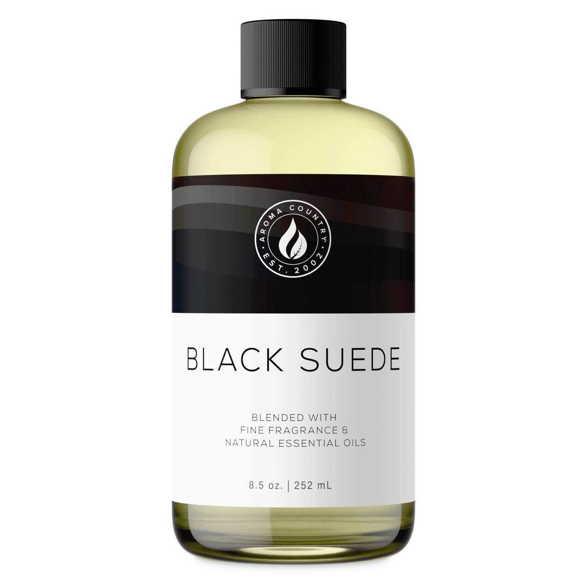 Aroma Country Black Suede diffuser oil, 8.5 oz (252 mL) bottle with a black cap on a white background
