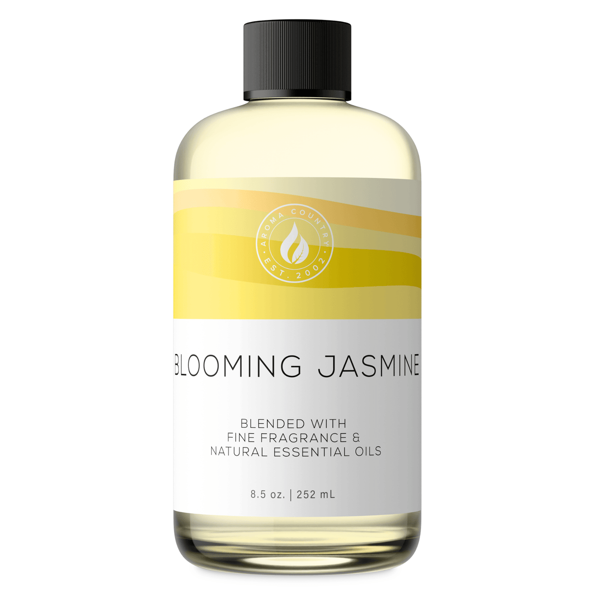 Aroma Country Blooming Jasmine diffuser oil, 8.5 oz (252 mL) bottle with a black cap on a white background