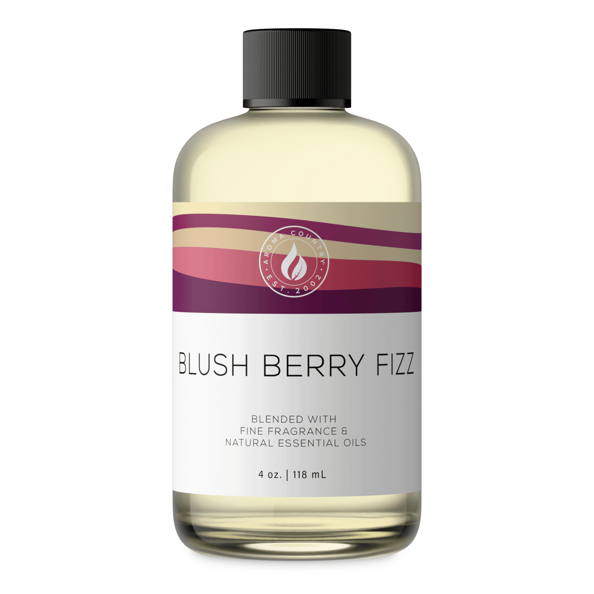 Aroma Country Blush Berry Fizz diffuser oil, 4 oz (118 mL) bottle with a black cap on a white background