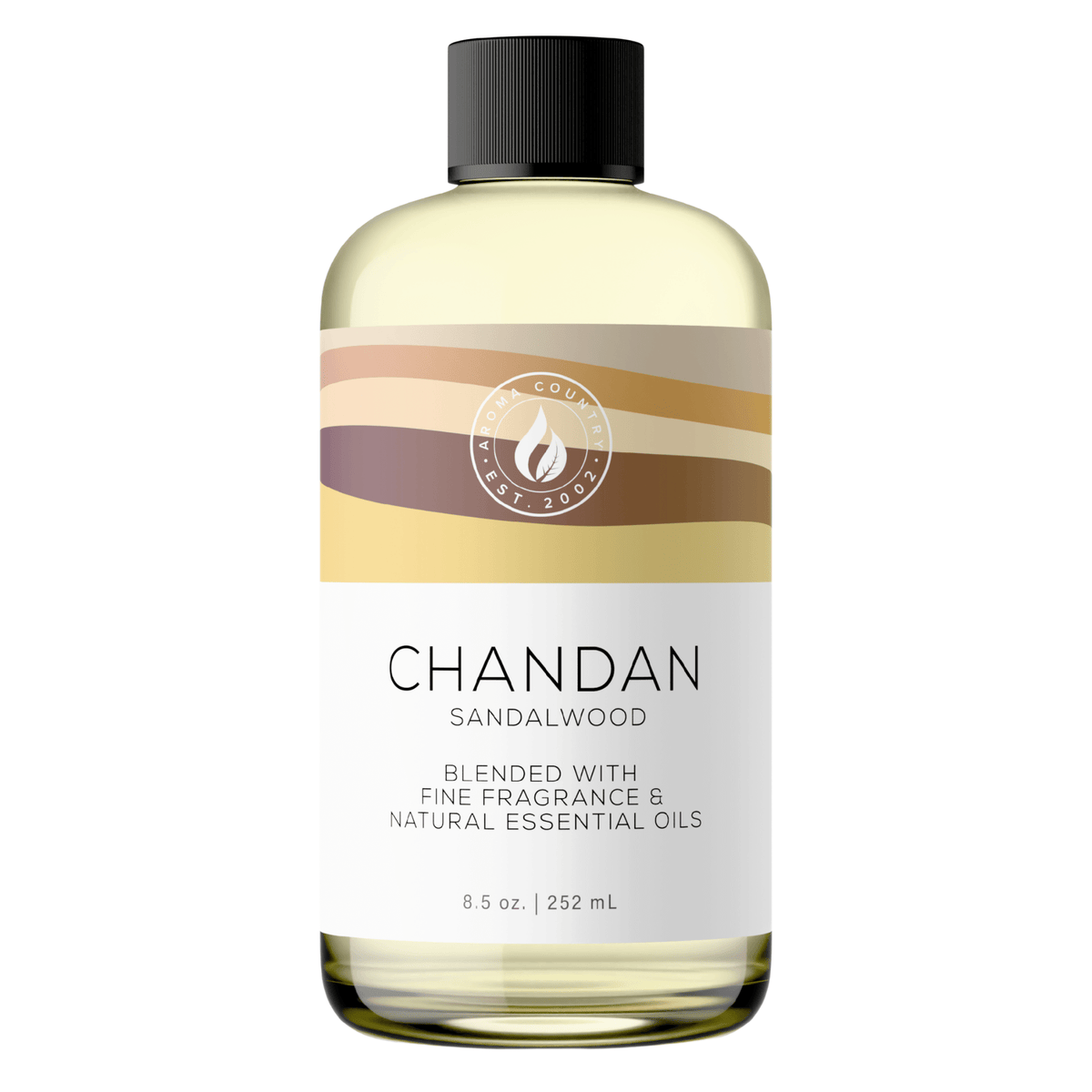 Aroma Country Chandan Sandalwood diffuser oil, 8.5 oz (252 mL) bottle with a black cap on a white background