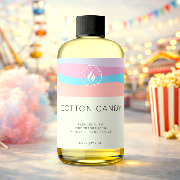 Cotton Candy fragrance oil at 8.5 oz with a sweet spun-sugar character, soft pink vanilla warmth, and playful confection charm for whimsical home scenting
