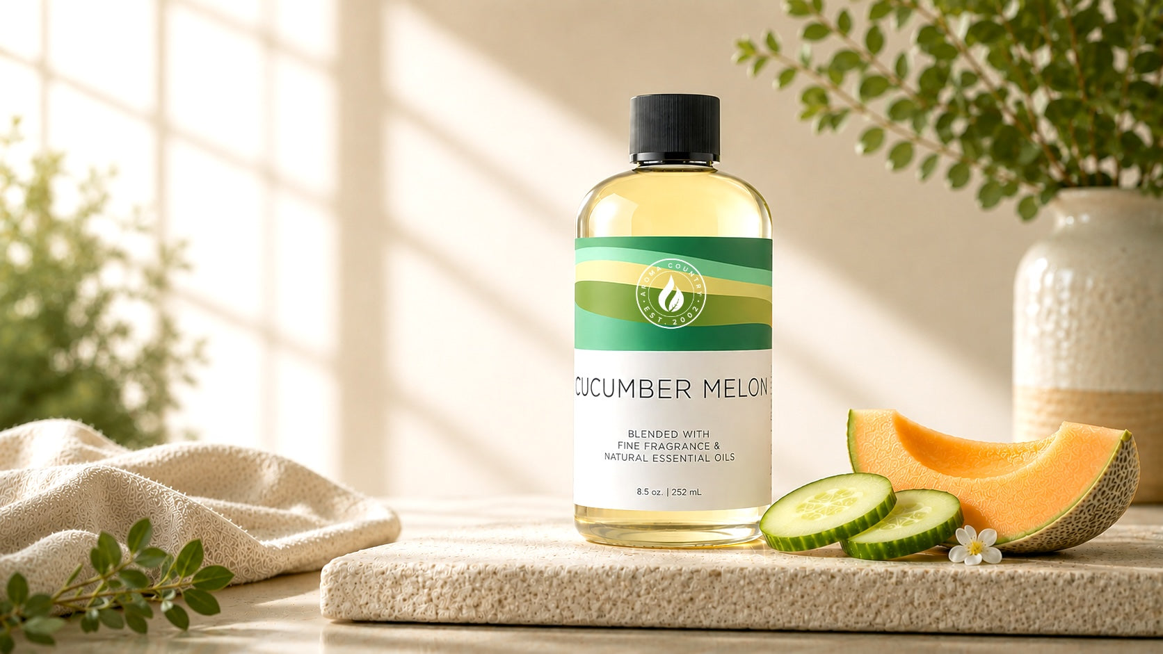 Cucumber Melon fragrance oil at 8.5 oz featuring crisp cucumber, ripe cantaloupe, and soft green florals for fresh seasonal home scenting