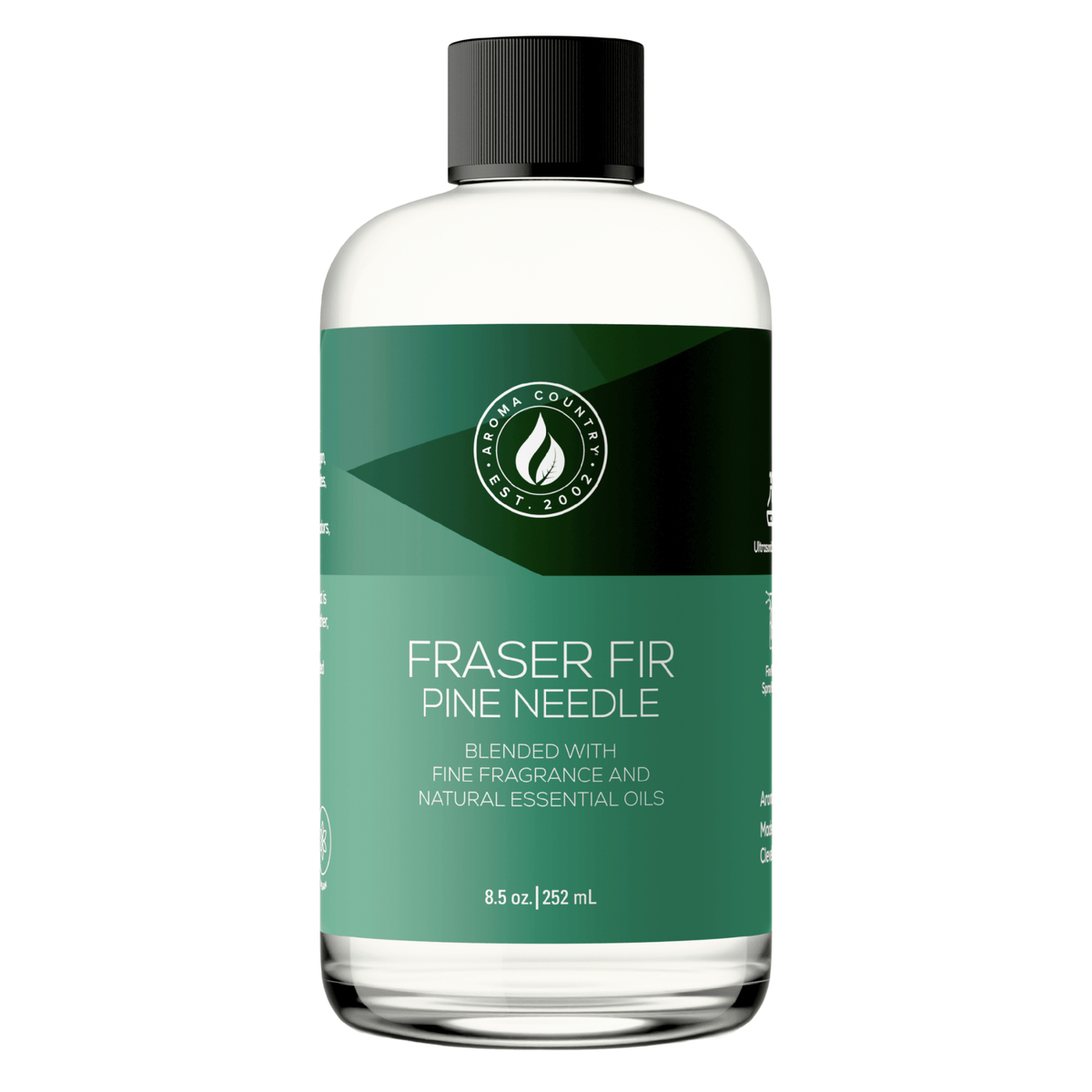 Aroma Country Fraser Fir Pine Needle diffuser oil, 8.5 oz (252 mL) bottle with a black cap on a white background