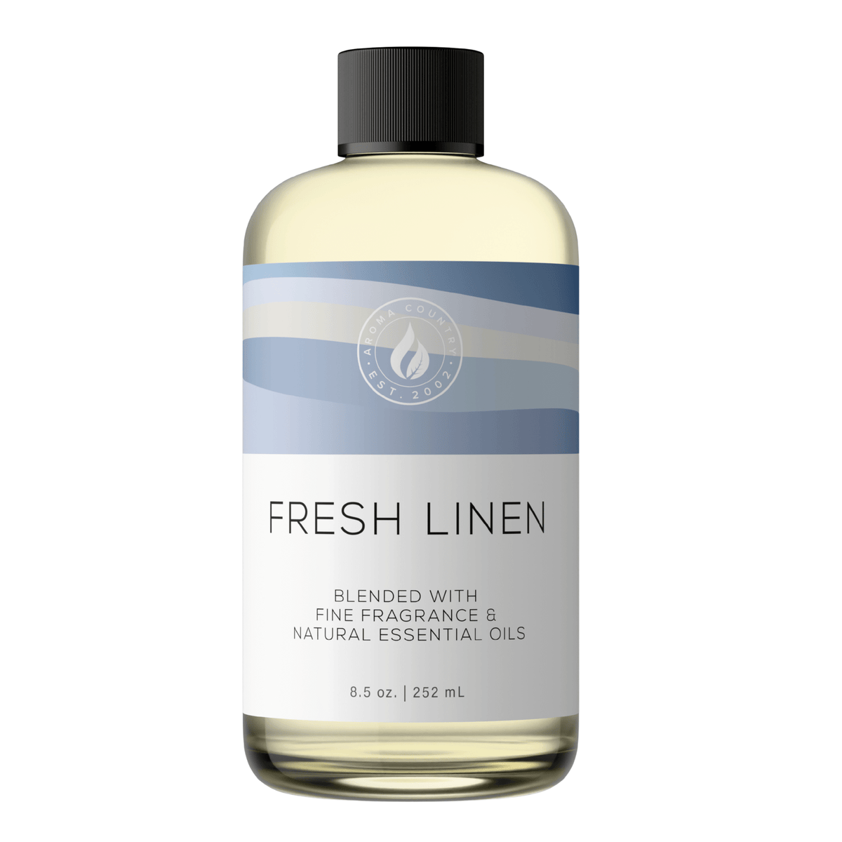 Aroma Country Fresh Linen diffuser oil, 8.5 oz (252 mL) bottle with a black cap on a white background
