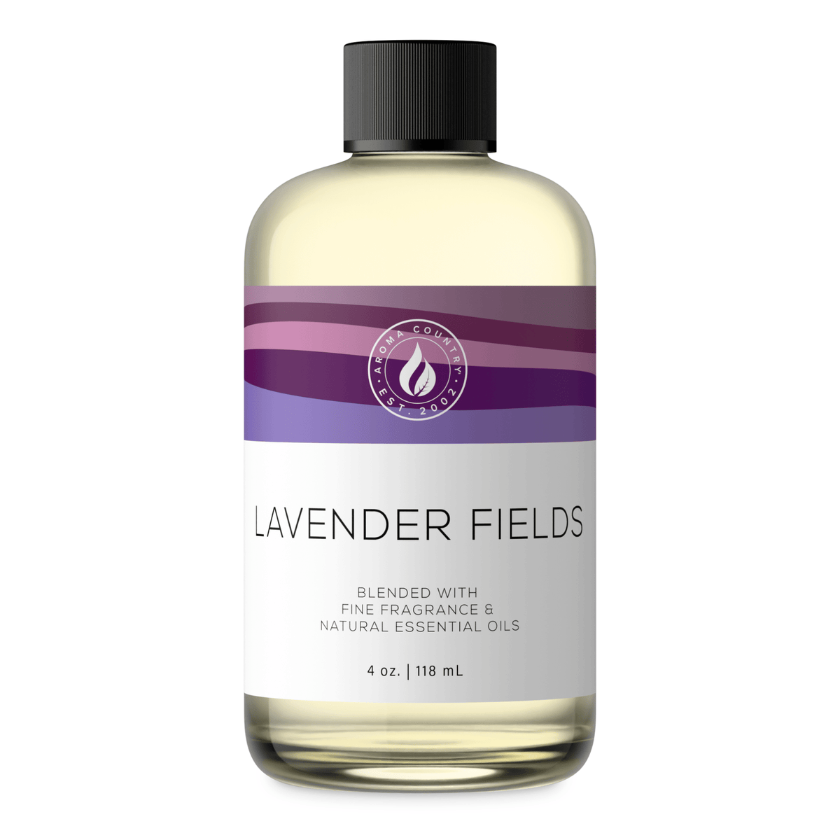 Aroma Country Lavender Fields diffuser oil, 4 oz (118 mL) bottle with a black cap on a white background