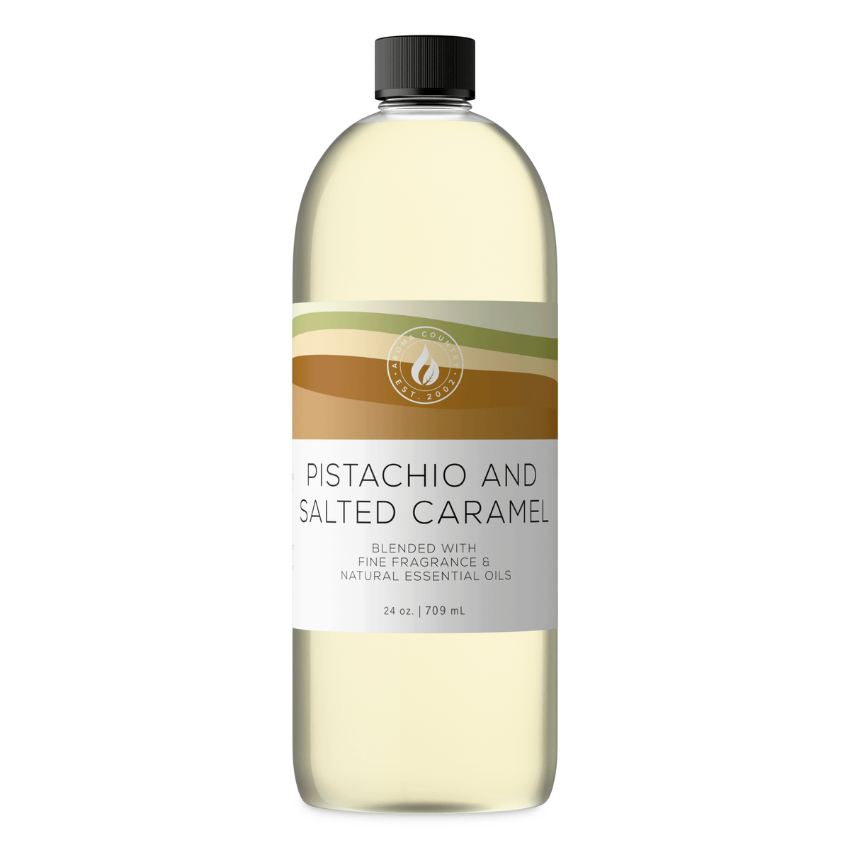 Aroma Country Pistachio and Salted Caramel diffuser oil, 24 oz (709 mL) bottle with a black cap on a white background