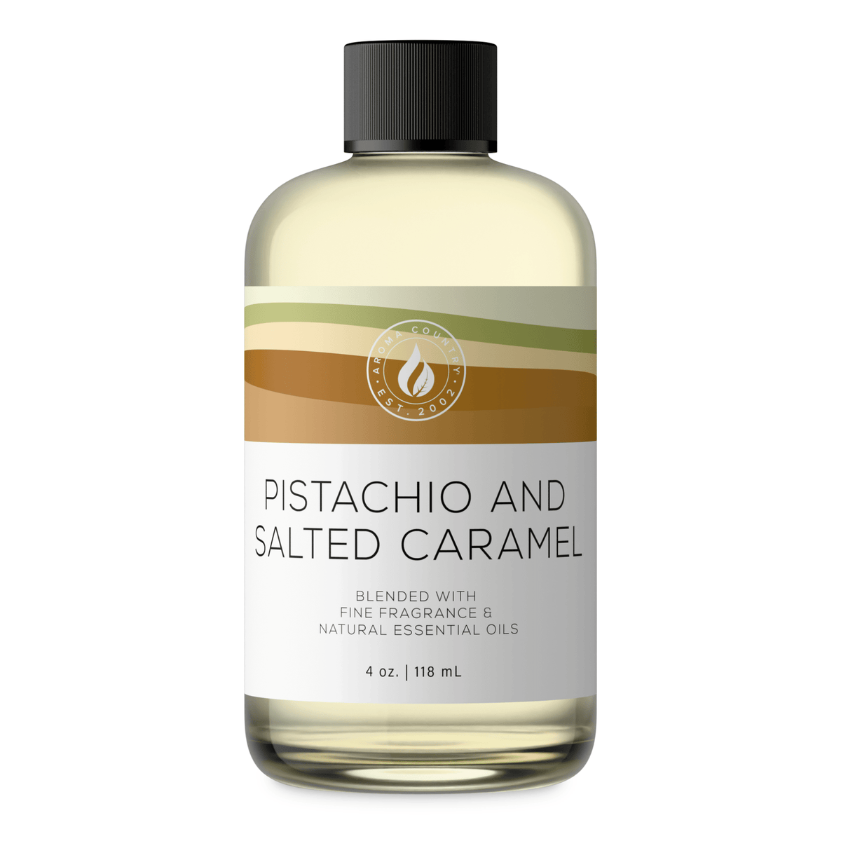 Aroma Country Pistachio and Salted Caramel diffuser oil, 4 oz (118 mL) bottle with a black cap on a white background