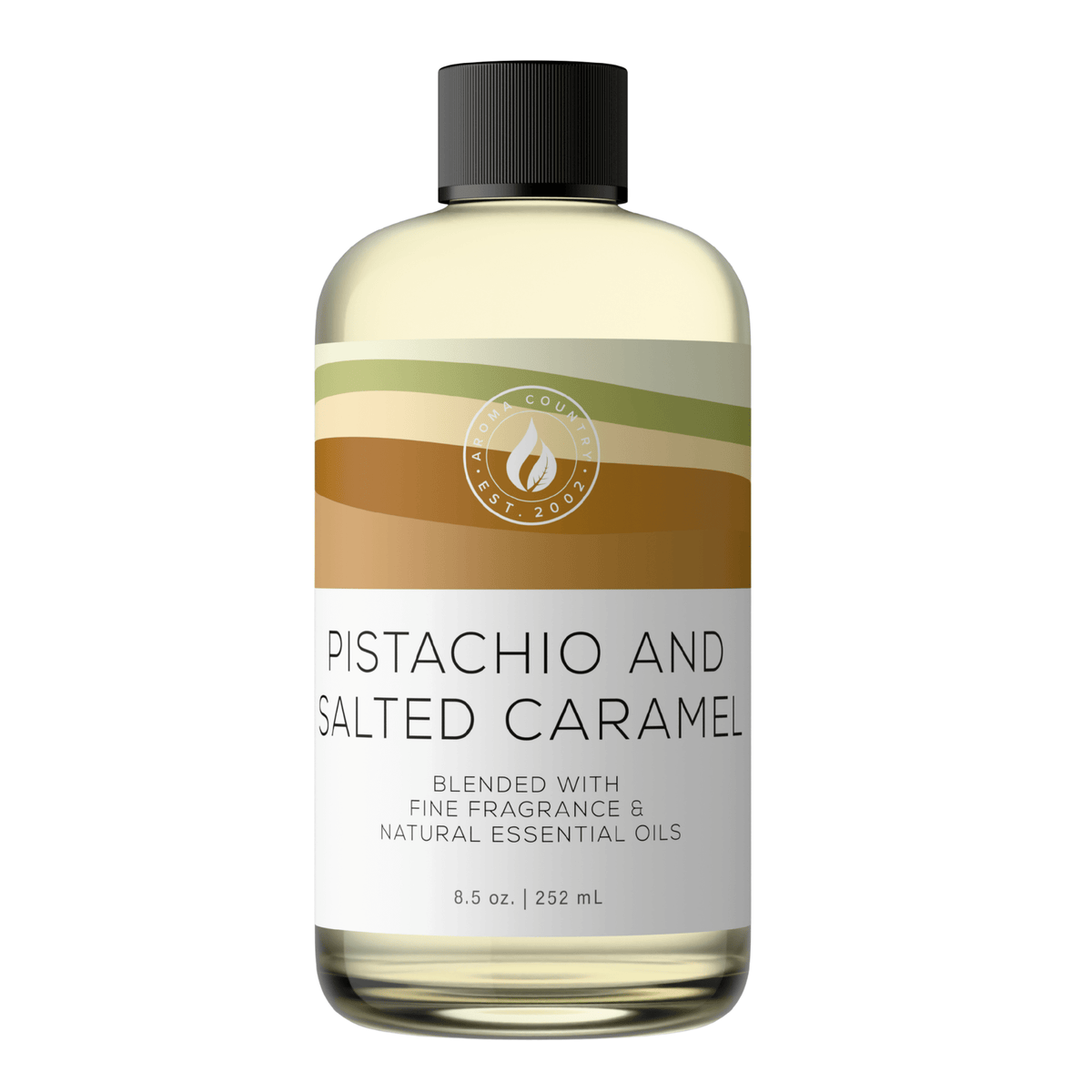 Aroma Country Pistachio and Salted Caramel diffuser oil, 8.5 oz (252 mL) bottle with a black cap on a white background