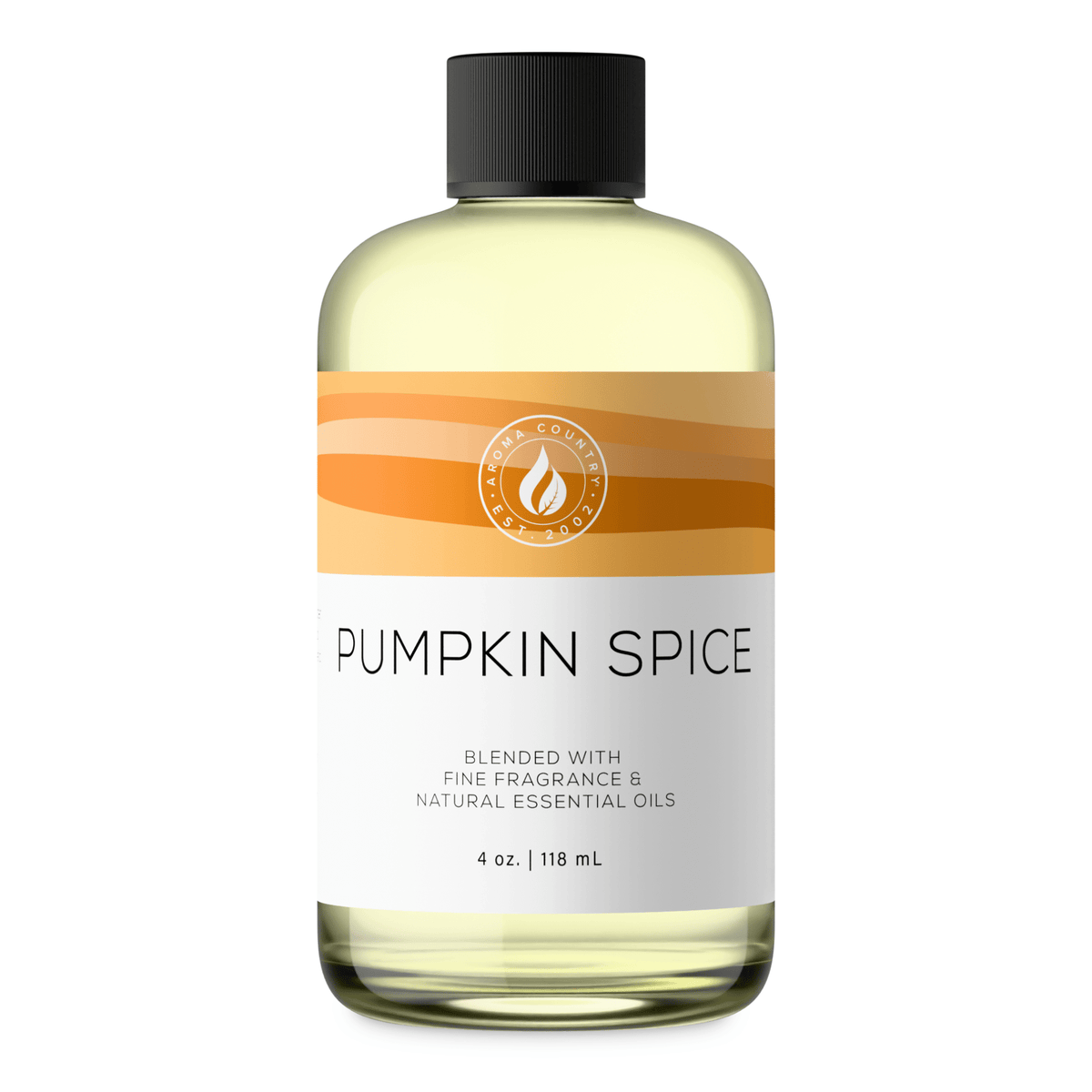 Aroma Country Pumpkin Spice diffuser oil, 4 oz (118 mL) bottle with a black cap on a white background