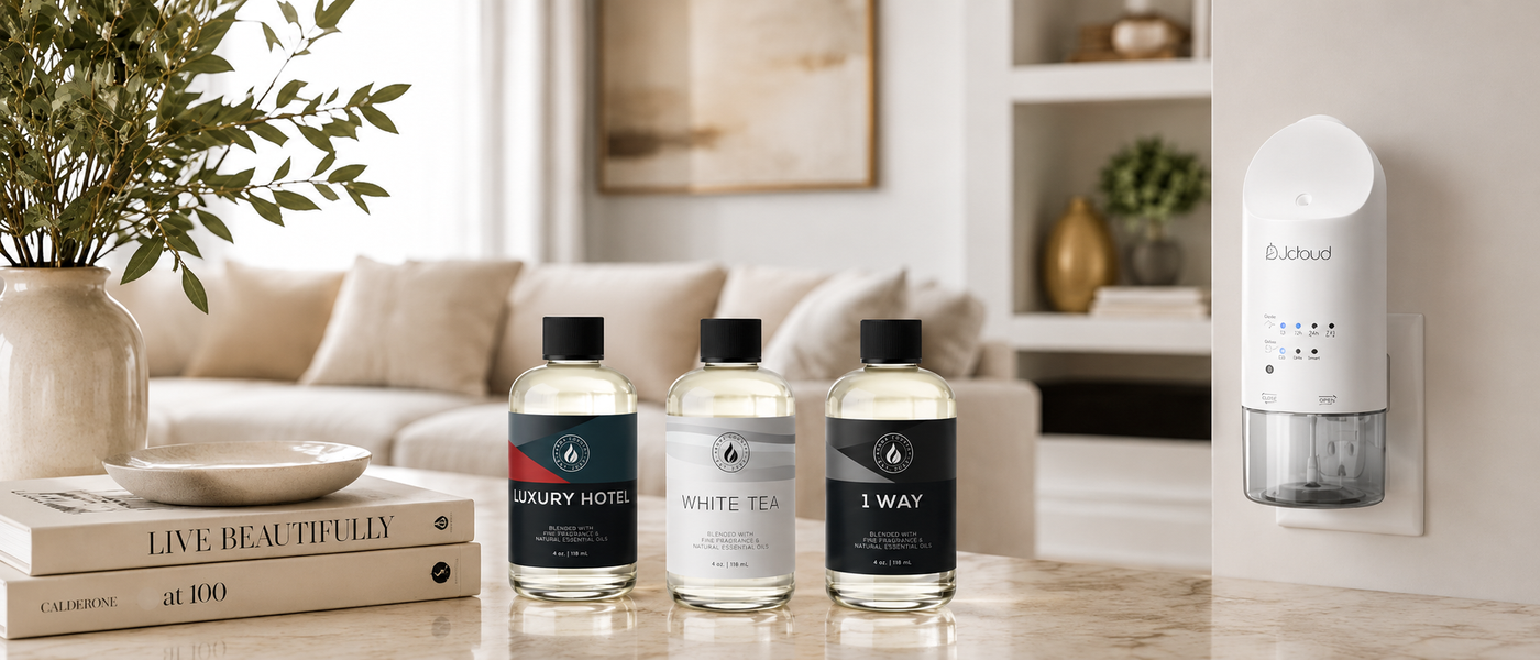Luxury Hotel, White Tea and 1 Way diffuser oils beside the Aroma Country plug-in diffuser in a bright living room