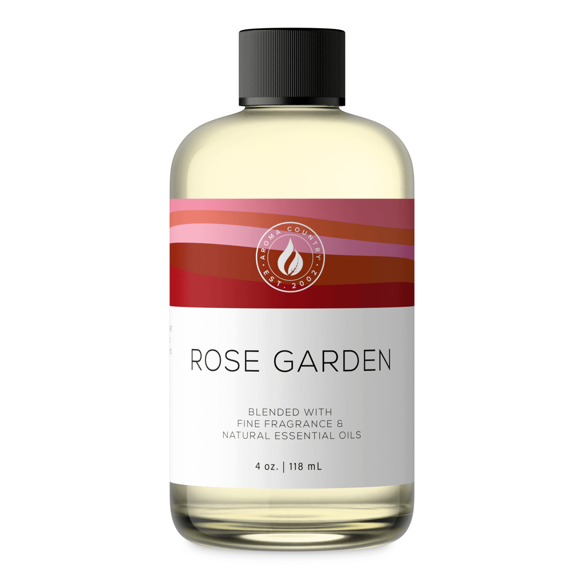 Aroma Country Rose Garden diffuser oil, 4 oz (118 mL) bottle with a black cap on a white background