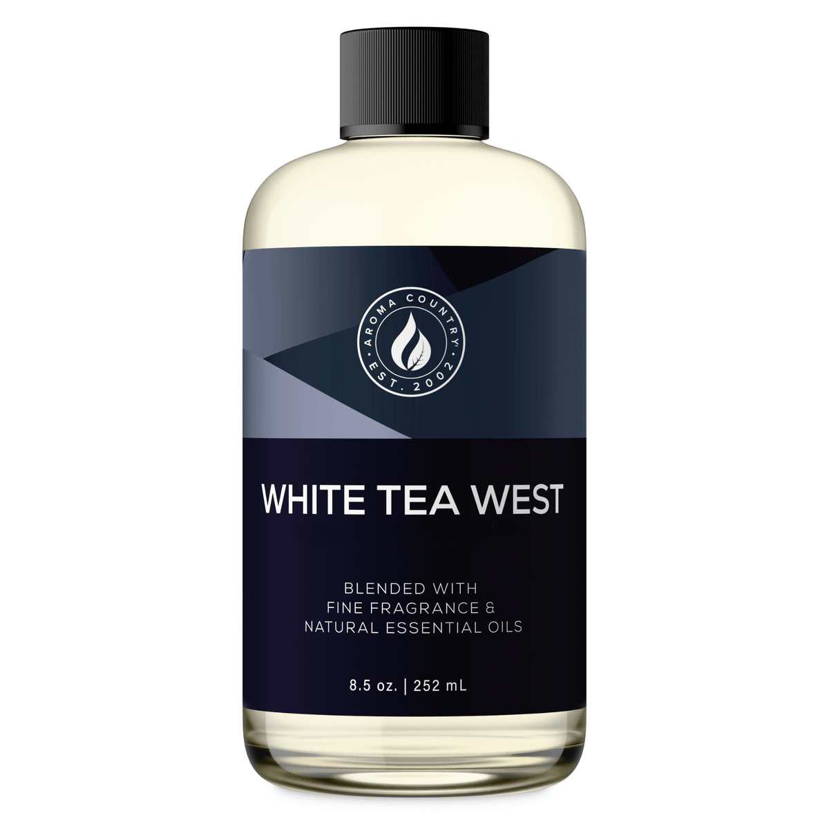Aroma Country White Tea West diffuser oil, 8.5 oz (252 mL) bottle with a black cap on a white background