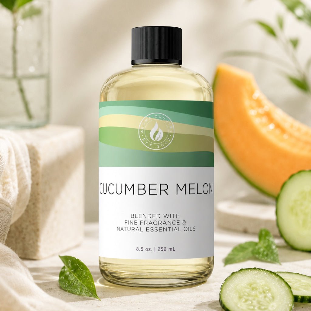 Cucumber Melon home fragrance at 8.5 oz featuring fresh garden cucumber character, ripe melon sweetness, and soft floral musk depth for whole-room scenting
