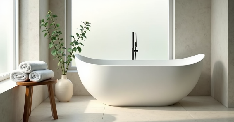 A bright modern bathroom with a white soaking tub, folded towels and greenery in soft daylight
