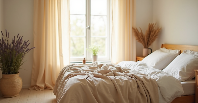 A serene bedroom in soft morning light with linen bedding and a pot of lavender by the window