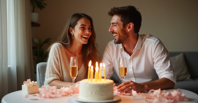 A couple laughing over a birthday cake with lit candles and champagne at a small home celebration
