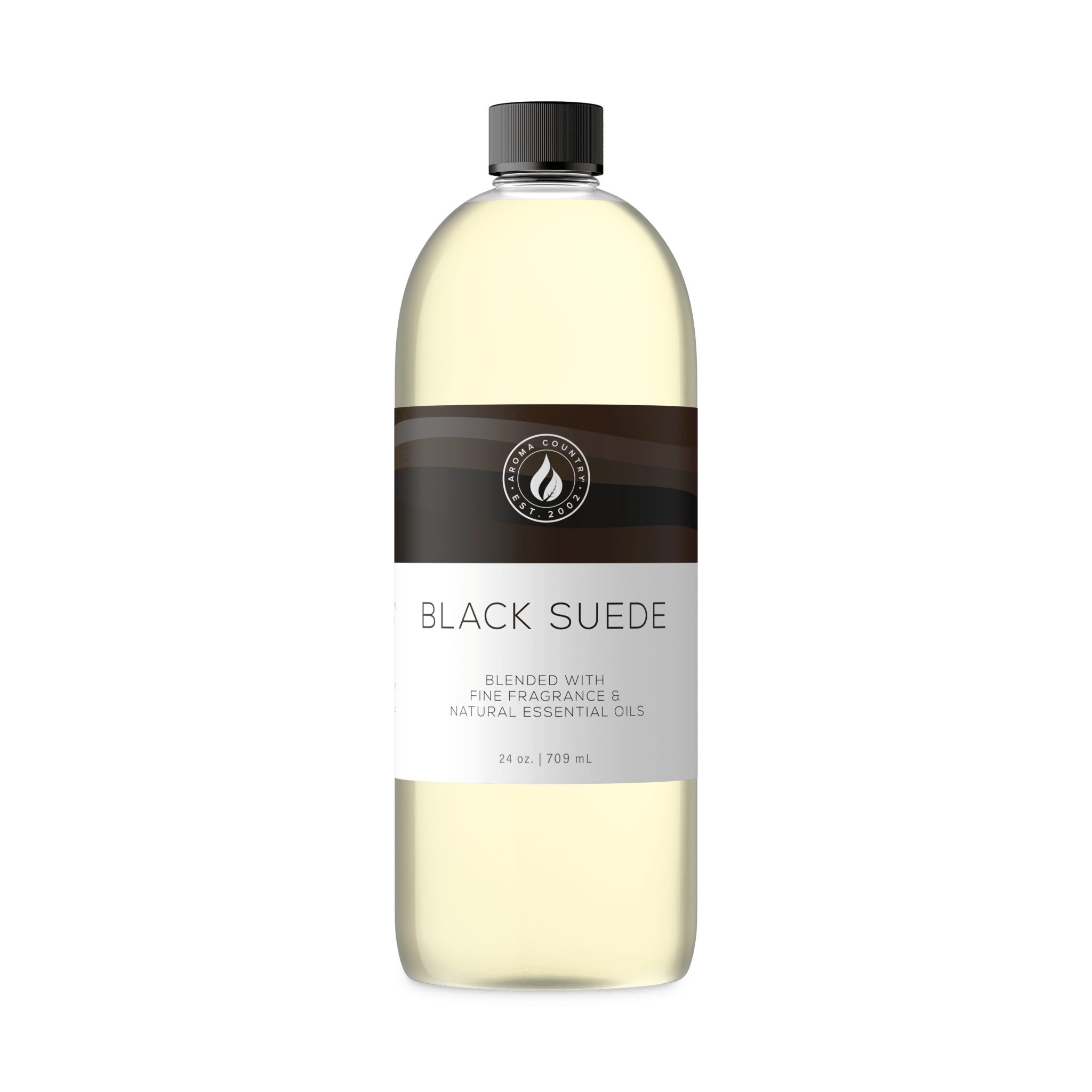 Black Suede concentrated aroma oil in a 24 oz format with a smooth refined leather character, soft musk depth, and dark woody warmth for large-space cold air diffusion
