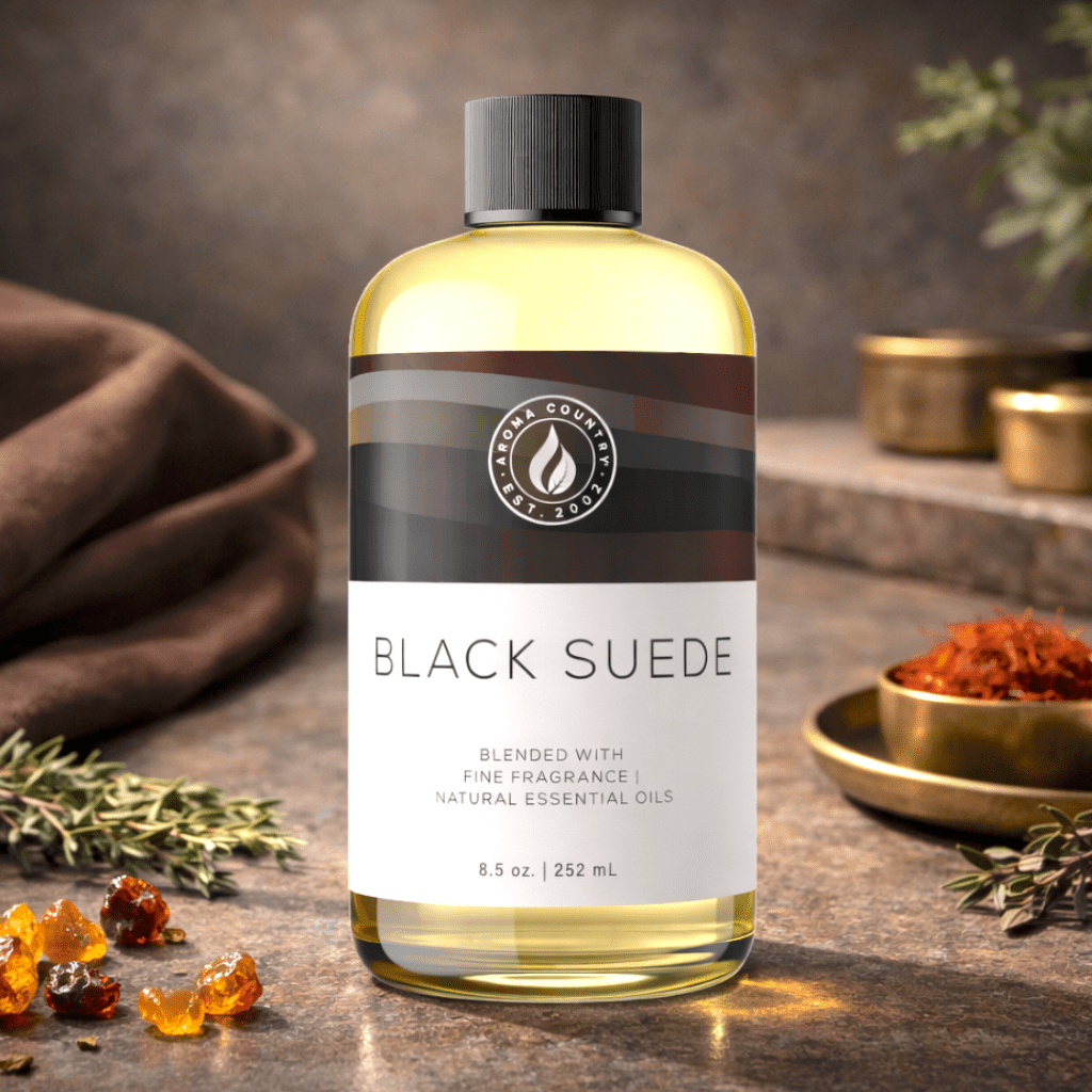 Smooth suede character with warm spiced undertones and refined musk depth, Black Suede men's home fragrance at 8.5 oz brings sophisticated masculine warmth to whole-room scenting