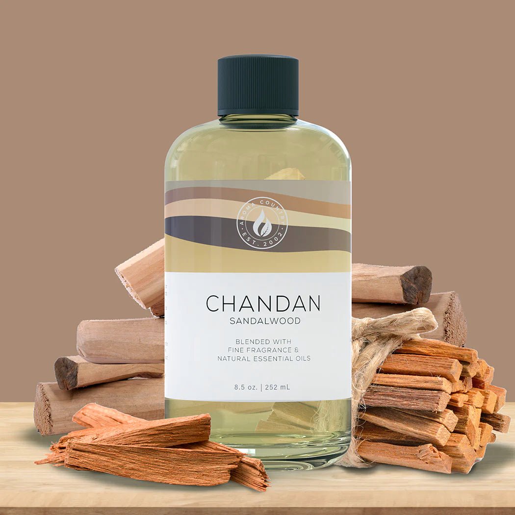 Aroma Country Chandan Sandalwood 8.5 oz diffuser oil, warm and earthy home fragrance crafted with fine fragrance oils and natural essential oils for luxury scent diffusers