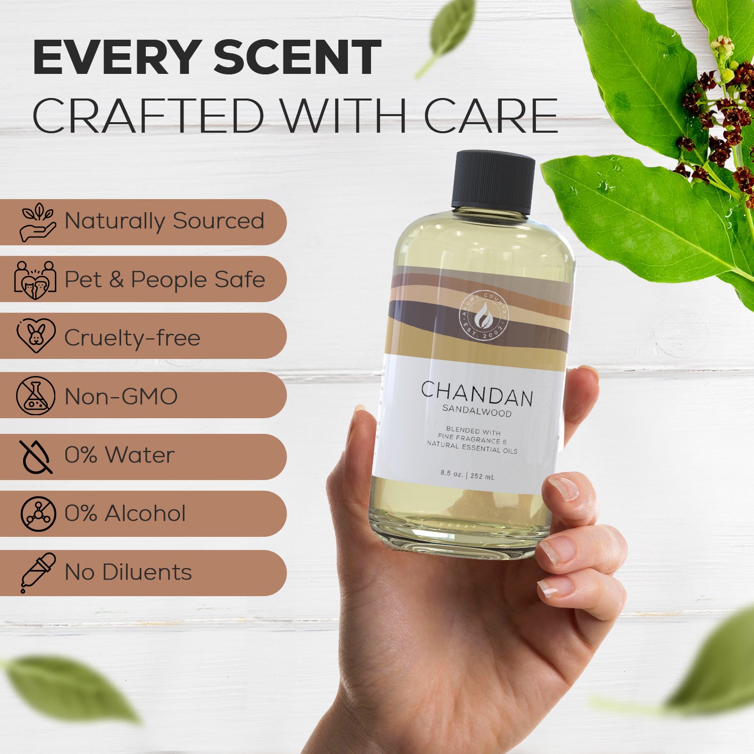 Chandan Sandalwood essential oil shown with ingredient highlights and clean label icons, crafted for natural scent diffusion without alcohol or fillers.