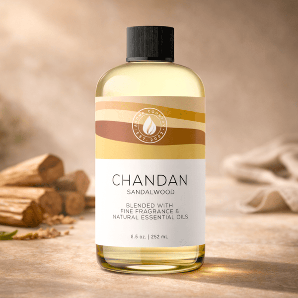 Smooth creamy sandalwood character with soft resinous warmth, Chandan luxury aroma oil at 8.5 oz delivers refined woody depth for whole-room scenting