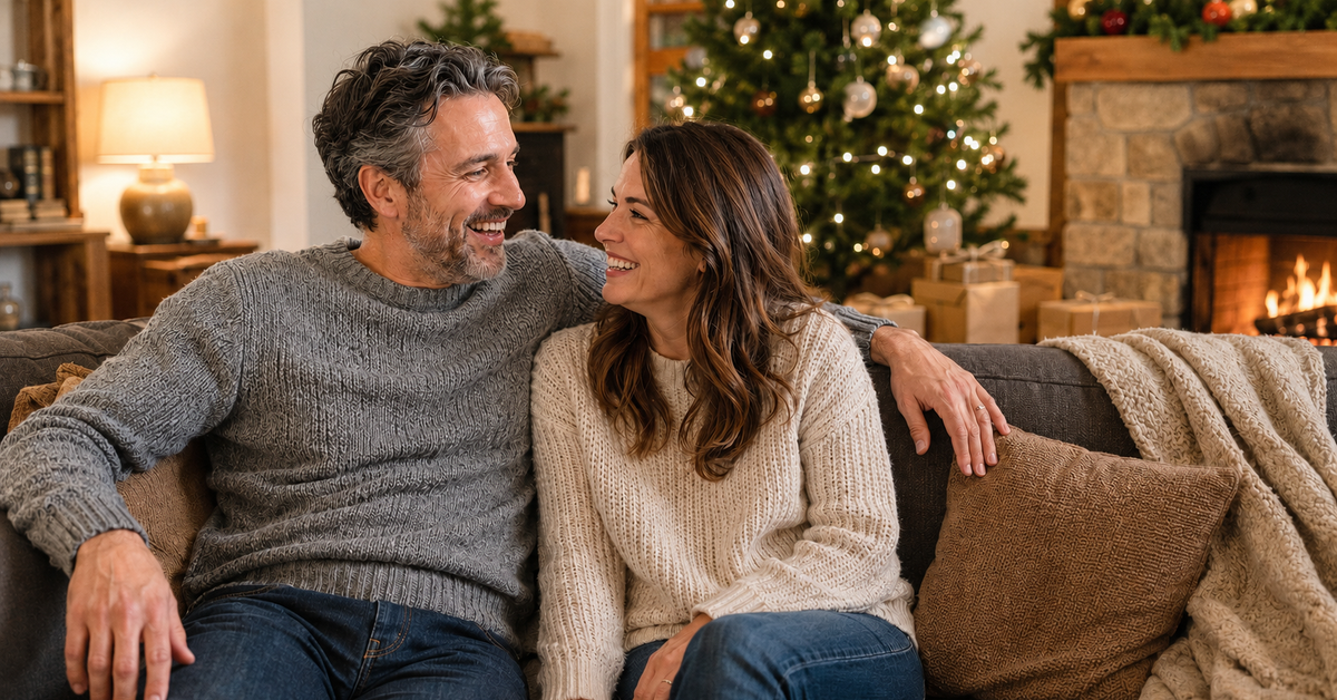 A couple laughing on a sofa beside a lit Christmas tree with a fire in the hearth