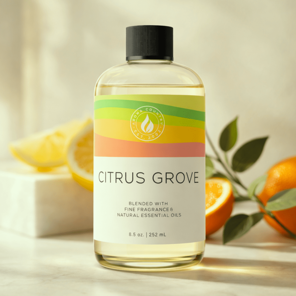 Citrus Grove best home fragrance oil with a fresh citrus aroma, juicy orchard scent, and clean radiant feel for bright modern scenting