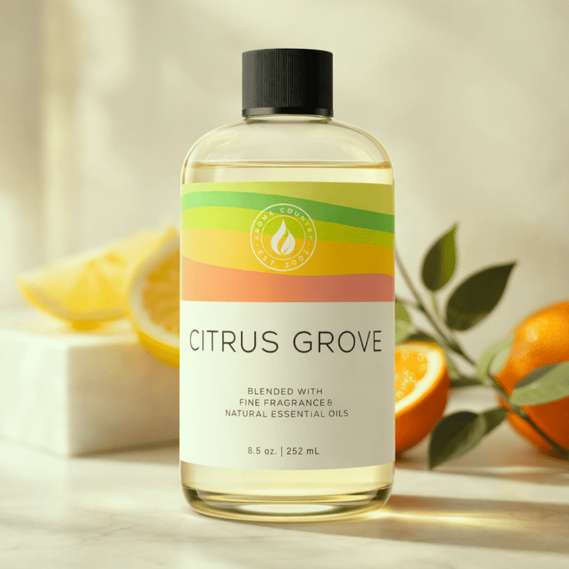 Citrus Grove best home fragrance oil with a fresh citrus aroma, juicy orchard scent, and clean radiant feel for bright modern scenting