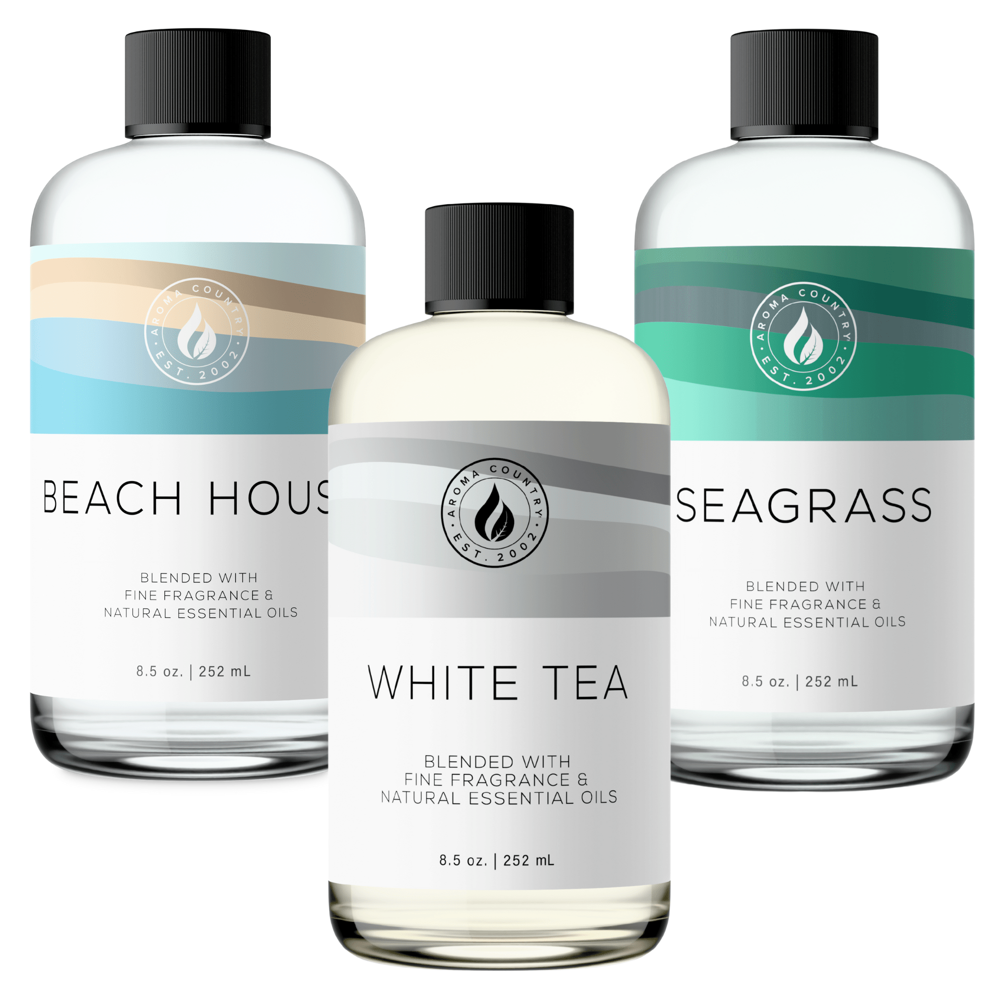 Coastal diffuser oils inspired by seaside freshness with beach house, seagrass, and white tea scents