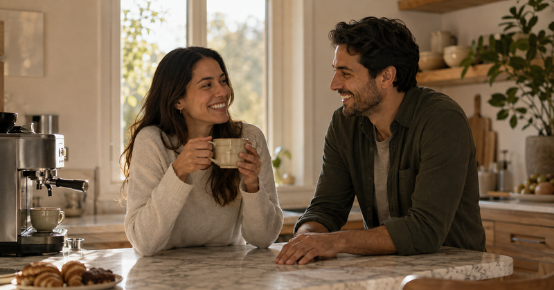 A couple laughing across a marble kitchen counter beside an espresso machine and pastries