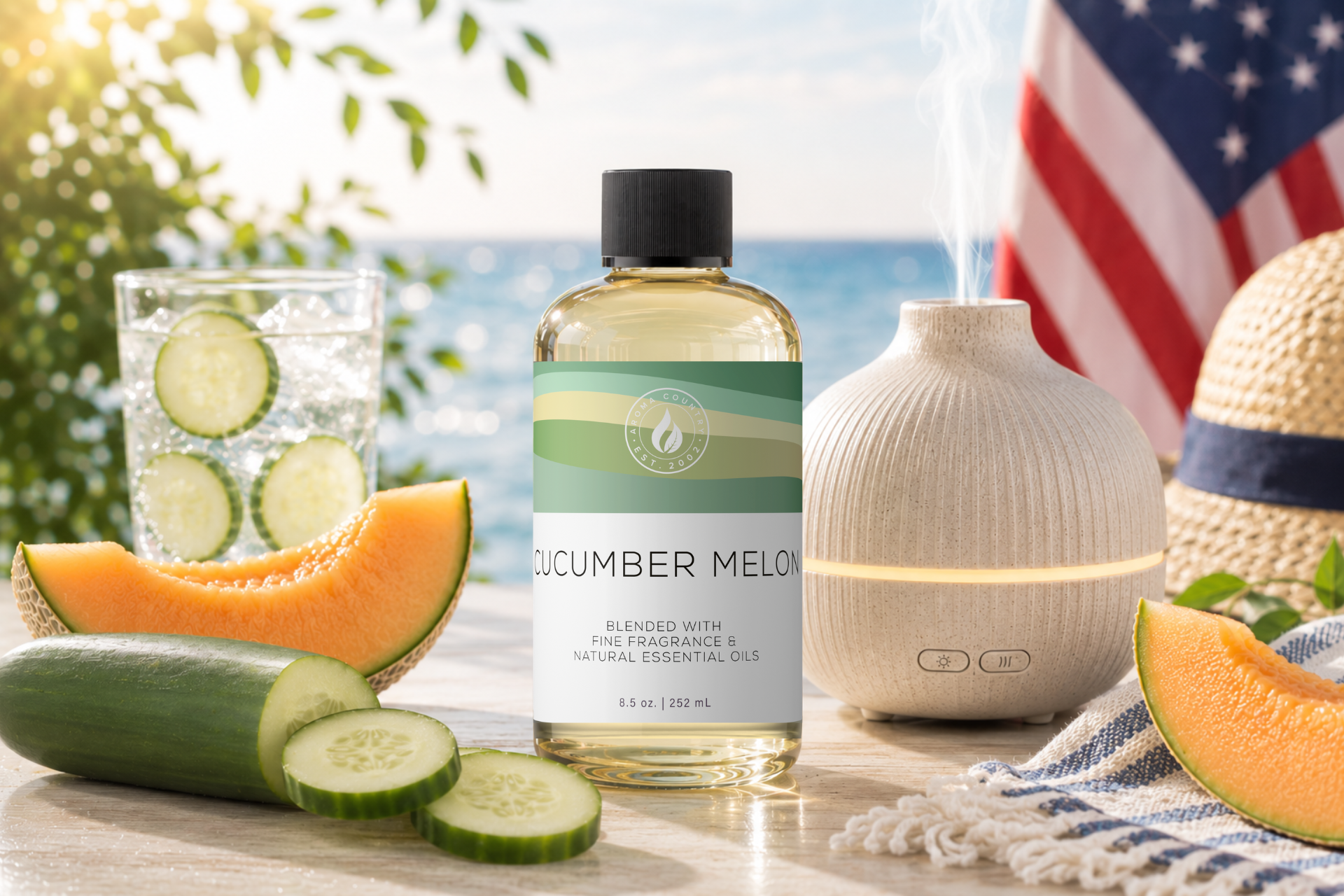 Cucumber Melon summer aroma oil at 8.5 oz with crisp cucumber freshness, juicy melon sweetness, and clean white musk for refreshing seasonal home scenting